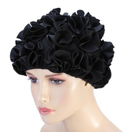 Leapiture Swimming Hair Bonnet Womens Swim Cap Elastic Pool Bonnet Nylon Flower Swim Cap for Women(Black)