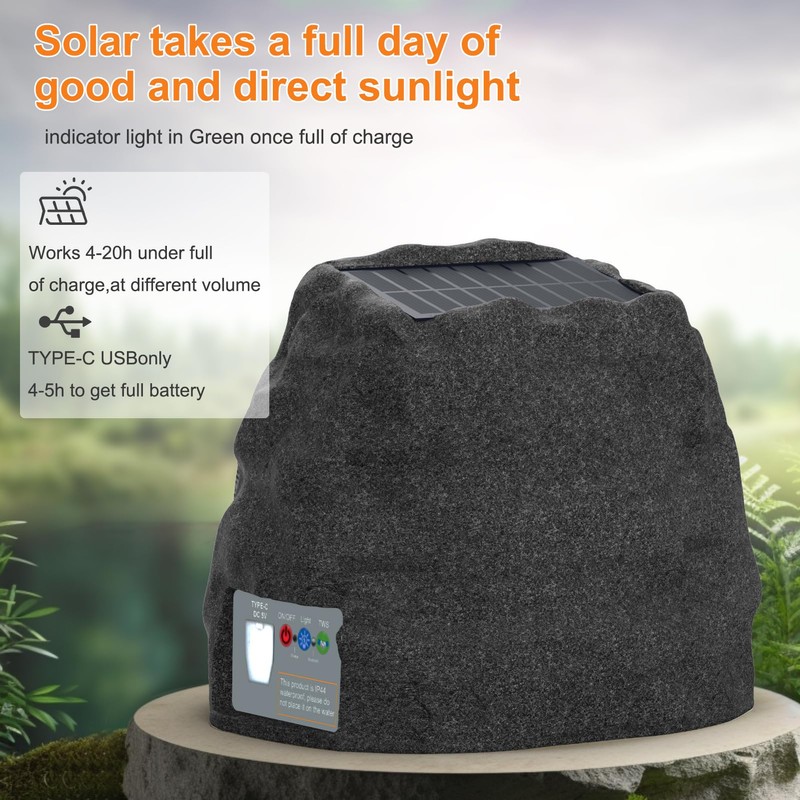 Outdoor Speakers Solar Powered & USB-C Rechargeable, Rock Speakers TWS