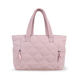 Prite Quilted Tote Bag for Women, Lightweight Puffer Tote with Zipper, Travel Work Nurse Gym Bag(Pink)