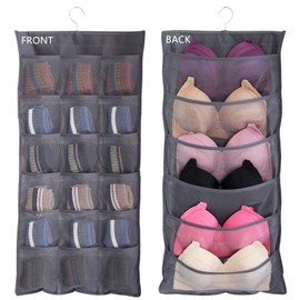 Ymemok Hanging Mesh Pockets Dual-Sided Closet Organizer for Underwear,Bra,Socks,Accessories with Hanger,Total 48 Pockets Grey