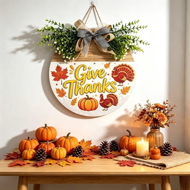 12 Inch Thanksgiving Wooden Wreath Sign, Give Thanks Front Door
