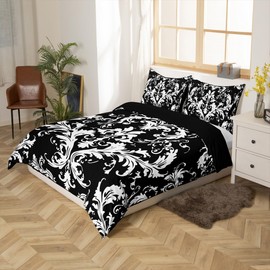 Feelyou Girls Damask Pattern Comforter Cover Boho Damask Bedding Set for Women Adults Black White Baroque Style Duvet Cover European Pattern Room Decor Queen Size Quilt Cover 3Pcs