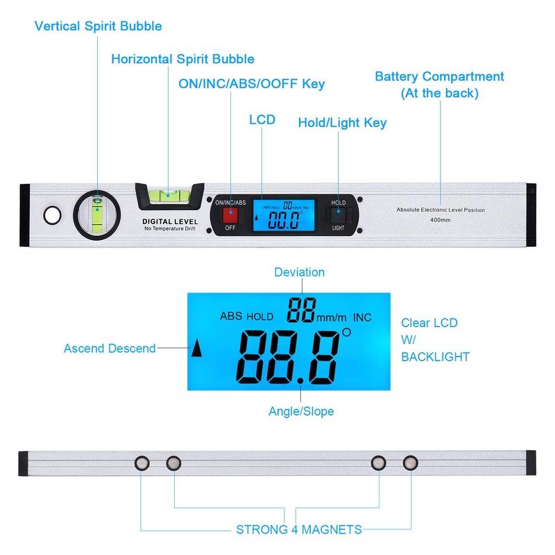 RISEPRO 16-inch Digital Spirit Level and Protractor, Torpedo Level, Inclinometer