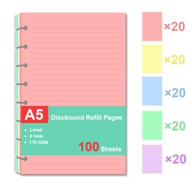 Junior Size Refills Paper, A5 Loose Leaf Paper for TUL Custom Note-Taking System Discbound Notebook Planner Inserts, 5 Colors(20 Sheets/C), Total 100 Sheets/200 Pages, College Ruled, 5.5 X 8.5 Inch