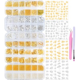 editTime 5 Boxes Gold & Silver Metal Nail 3D Punk Studs Star Moon Heart Triangle Square Rivet Gems Nail Art Jewels with a Curved Tweezers and a Nail Brush (gold & silver)
