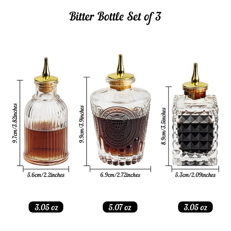 Bitters Bottle Set of 3, Glass Dasher Bottle, Decorative Professional