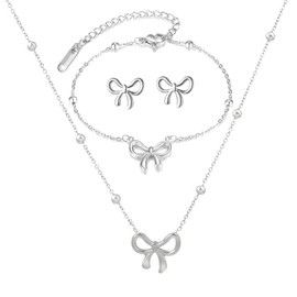 bike8 Gold Bow Necklace Bracelet Earrings Set for Women Gold Bowknot Choker Necklace Ribbon Stud Earrings Silver Bow Bracelet Christmas Holiday Jewelry (Silver)