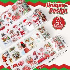 JarThenaAMCS 4 Rolls Christmas PET Washi Tape Xmas Red Transparent Adhesive Masking Tape for Cut & Use as Winter Stickers Scrapbook Journal DIY Craft Gift Wrapping