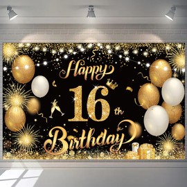 Happy 16th Birthday Banner Gold 1.1 x 1.8m Happy 16th Birthday Banner Backdrop 16th Birthday Decorations for Boys Girls, 16 Years Old Birthday Anniversary Party Supplies (Black Gold)
