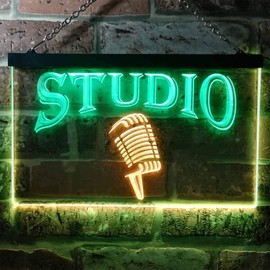 ADVPRO Studio On Air Microphone Illuminated Dual Colour LED Bar Light Neon Light Advertising Neon Sign Green & Yellow 300 x 210 mm st6s32-i0587-gy
