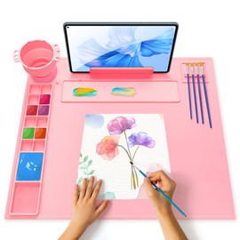 iArtker Silicone Painting Mat with Cup and Palette, 20"×16" Non-Slip Silicone Craft Art Mat with Stand and Lid for Painting, Resin, DIY, Pink