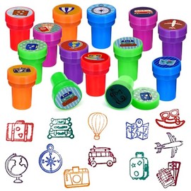 Cinrobiye 24 Pcs Adventure Travel Stampers for Boys Girls, Bon Voyage Birthday Party Supplies Favors, Classroom Rewards, Carnival Prizes, Goody Bag Pinata Fillers for Let the Adventure Begin Party