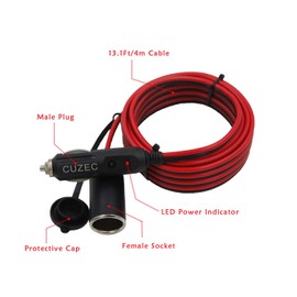 cuzec Heavy-Duty 15 A Male Plug encendedor de cigarrillos adaptador de cable de fuente de alimentación con 4 m/4 M 16 AWG Cable de alambre para coche Inversor Bomba de aire eléctrica Copa