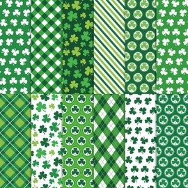 Whaline 12Pcs St. Patrick's Day Cotton Fabric Bundles Green Shamrock Plaid Fat Quarters Lucky Clover Quilting Patchwork for Irish Holiday DIY Sewing Craft Decor, 18 x 22 Inch