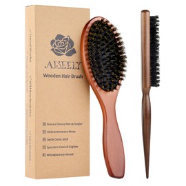 AISEELY Boar Bristle Brush, 2 Pieces Sleek Bun Brush Wooden Hair Brush, Hair Brush Boar Bristle Hair Brush, Tail Comb Professional, Reduces Hair Breakage and Frizz