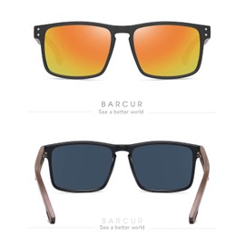Barcur Square Wood Sunglasses Men Polarized Lens Walnut Wooden Arm (Black Orange)