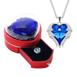 Juego de regalo de rosa azul real preservada con collar de corazón para mujer. Regalos de rosa para mamá abuela en el día de la madre. Regalos de cumpleaños para mujeres. Regalos románticos de aniversario para su esposa, novia