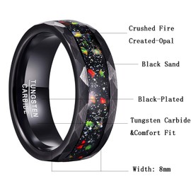 CHALAIR 8mm Galaxy Tungsten Ring with Green/Blue Opal for Men Women Black Wedding Band with Hammered Beveled Edge Size Y