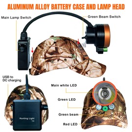 Pseudes Coon Hunting Lights Headlamp Gear with Full Aluminum Body and Battery Box, Camo Hard Cap, and 6 Lighting Modes (Green/Red/White/Amber)