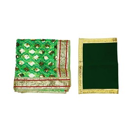 Chunari/Chunar/Chunni Decorative Cloth + Pooja Mat/Aasan Set of 2 for Multipurpose Pooja Decorations Item & Article for Statue Frame Idol Temple (Green)
