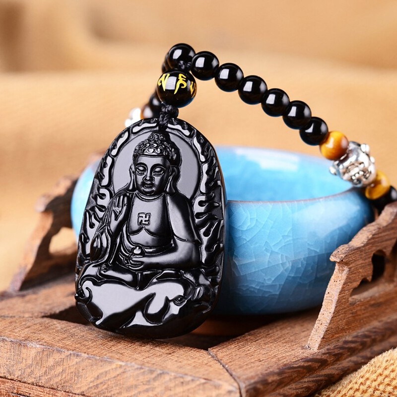 Collar con colgante natural de obsidiana natural y zodíaco Bodhisattva,