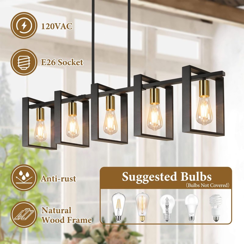 5-Light Black Gold Dining Room Light Fixture, 53’’ Farmhouse Wood