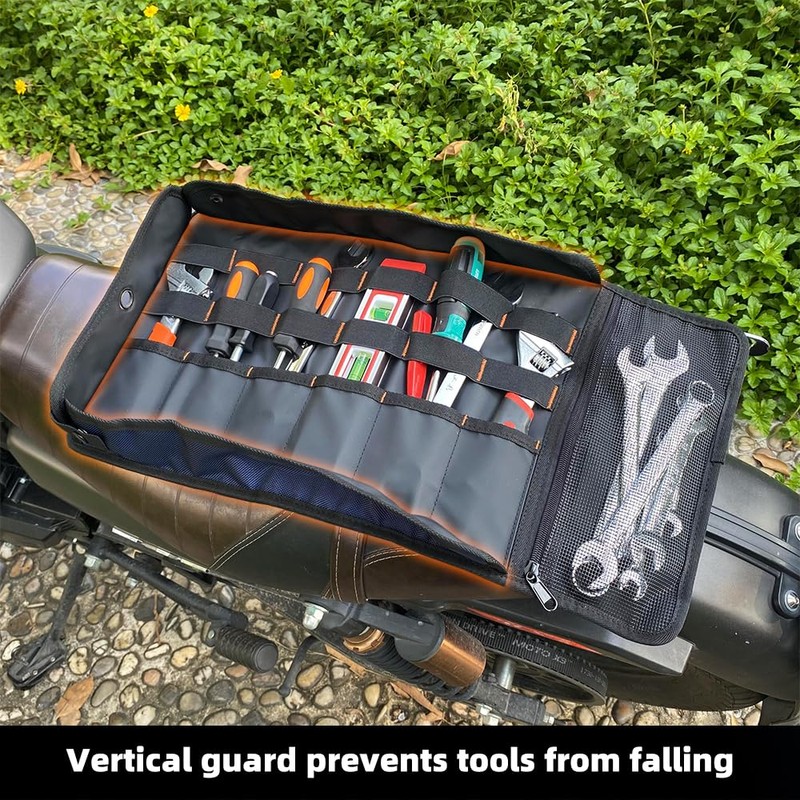 Tool Roll Organizer with Stand-up Baffle,1680D PVC Motorcycle Tool Roll