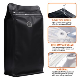50 PCS Upgraded Coffee Bags with Valve (Black, 32 oz/2 lb), Black High Barrier Aluminum Foil Flat Bottom Standing Coffee Bean Storage Bags, Heat Sealable Resealable Bag for Home.