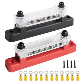 Umelee BusBar Distribution Block 2 Pieces, BusBar Box 150A, 12V~48V DC with Cover, Single Row Busbar with 6 M4 Screws, 2 M6 Bolts, 12 Connectors, for Car, Motorhome, Yacht, Boat