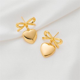 QLYOVWE Gold Heart Dangle Earrings for Women Double Heart Statement Dangle Earrings Ribbon Bow Dangle Earrings Sweet Love Earrings (Gold Bow Heart)