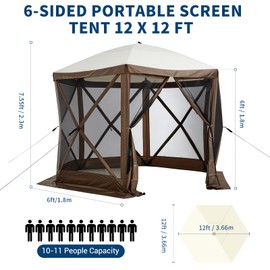 12x12FT Portable Gazebo Tent with Mosquito Netting - Instant Setup Canopy Shelter, 6 Sidewalls & Carry Bag, Stakes for Camping, Backyard, Lawn Events​