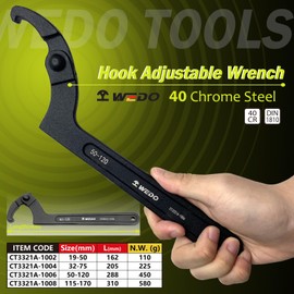 WEDO Llave de gancho ajustable en C, llave de gancho ajustable, acero chapado en cromo 40, tamaño 32-75 mm, forjada, par fuerte, alta resistencia, resistencia al desgaste, negro-recha en superficie