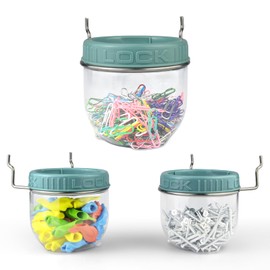 G.CORE Peg Board Organizer Clear Jars - 3 Pack Large Pegboard Accessories with Steel Hangers Fit 1/8 1/4 Holes - Pegboard Wall Containers for Garage Sewing Art Craft Room Office Organization (Green)