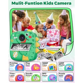 CHRERNA Instant Print Camera for Kids, Christmas Birthday Gifts for 3 4 5 6 7 8 9 Year Old Boys Girls，Inkless Thermal Printing Children Digital Cameras Dinosaur Toys for Kids Age 3+ (Green)