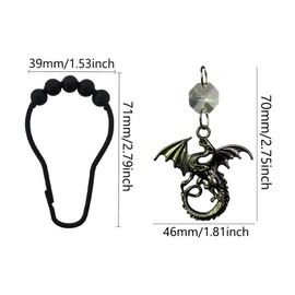 Black Shower Curtain Hooks with Crystal Beads Flying Winged Dragon Decorative Bathroom Shower Rod, Rust Proof Stainless Steel Curtain Rings Set of 12 Fantasy Fairytale Decor Bathroom Bathtub (Black)