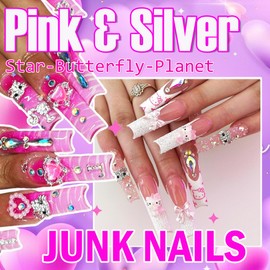 52PCS 3D Nail Charms and Gems Y2K Silver Butterfly Cross Star Planet Cherries Charms for Acrylic Chrome Nails Design Kawaii Nail Jewels for Nail Art