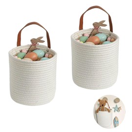 2Pack Wall Hanging Storage Baskets,Small Woven Storage Basket,Plant Basket With Handle,Cotton Hanging Baskets For Home,Bedroom,Living Room,Towels,Clothes,Small toys,Plants(White)
