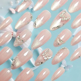 Summer Butterfly Press on Nails Pearl Gel Glue on Fingernails Glossy White Glitter Medium Almond False Nail 24Pcs French Acrylic Full Cover Fake Nails Rhinestone Stick on Nail for Holiday Manicure Art