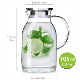 105OZ Glass Pitcher with Lid and Spout - High Heat Resistance Pitcher for Hot/Cold Water & Iced Tea (XL3.0L)