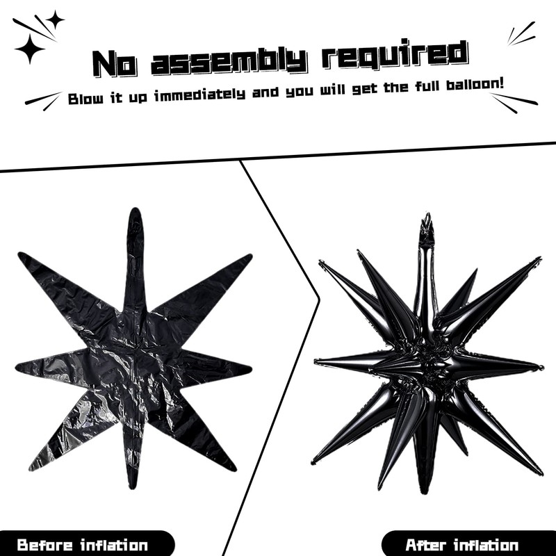 BlingABC Star Foil Balloons Black Explosion 6PCS 14 Point Cone