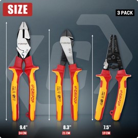 CRIPOP 3 PCS Insulated Pliers Set, 1000V Insulated Electrical Tools Kit with Wire Stripper, Linesmen & Diagonal Cutters, VDE Certified