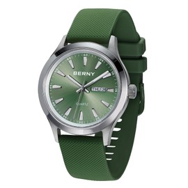 BERNY Quartz Watch for Men Miyota 2105 Movement Fashion Sports Wirstwatch 3ATM Waterproof Day Date Colorful Dials Quick Release Silicone Watch Band(Green)