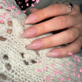 KQueenest Glitter French Press on Nails Medium Stiletto Almond, Glitter Ombre Pink Fake Nails Press on, Shimmer Gradient Acrylic Nails, Luxury Stick on Nails for Women Party Manicure in 24 Pcs