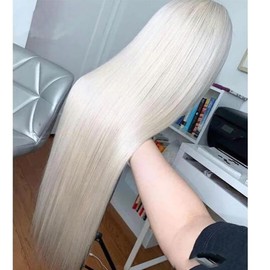 YJZY Silky Straight Blonde Lace Front Wig, 30 Inches, 180 Density, Heat Resistant Fiber, 13x4x1 Lace Part, With Baby Hair (60Blond, 30Inch)