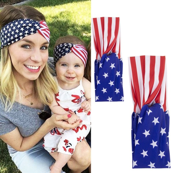 DIUEWOW Patriotic Headband for Parents and Kids American Flag Headwraps Elastic Wide Head Band Supplies Workout for 4th of July Independence Day Running Stretchy Twisted Hair Band 2 Pieces