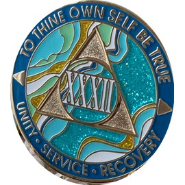 32 Year AA Medallion Elegant Marble Caribbean Aqua Glitter Gold Sobriety Chip