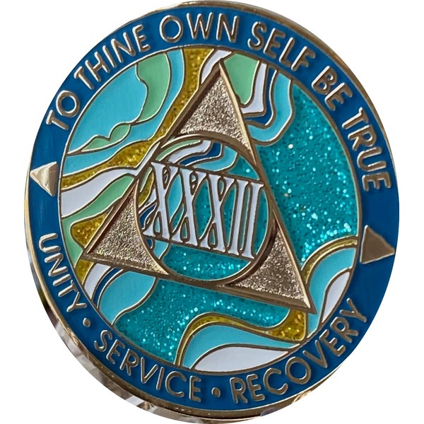 32 Year AA Medallion Elegant Marble Caribbean Aqua Glitter Gold