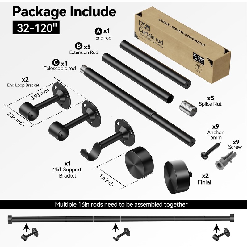 Heavy Duty Curtain Rod 32-120 Inch, 1 Inch Adjustable Black