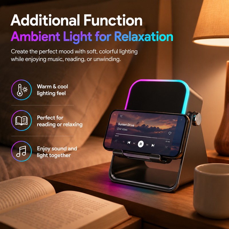 Foldable Phone Stand with Induction Speaker & Light – 5000mAh