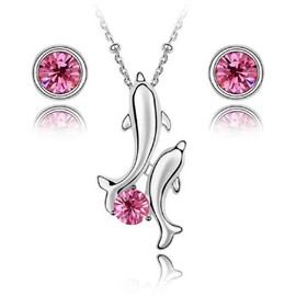 Crystalline Azuria Crystals Dolphins Set Pink Rose Pendant Necklace 18 inches Stud Earrings 18K White Gold Plated for Women